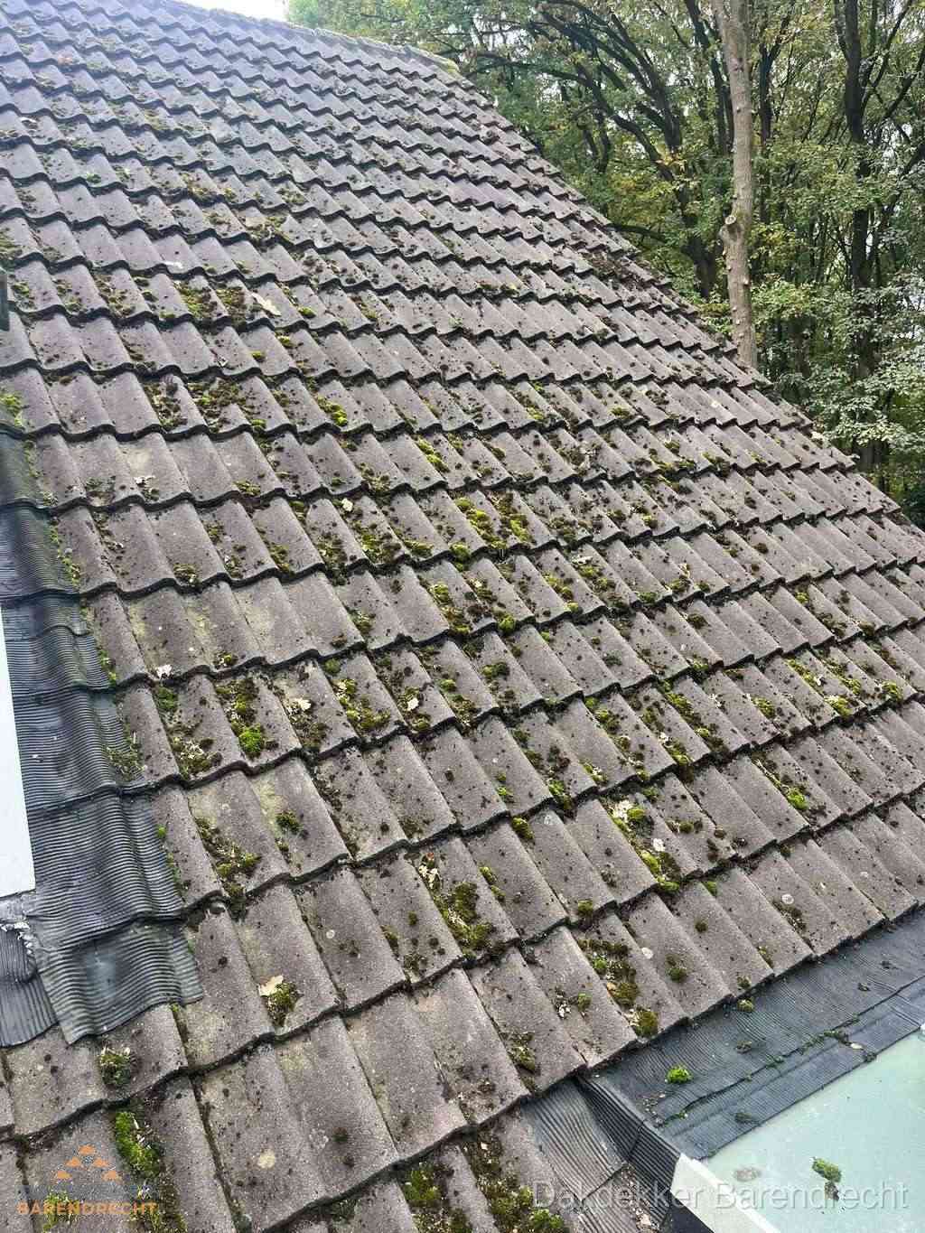 Verweerd pannendak met mosgroei dat renovatie nodig heeft in Barendrecht